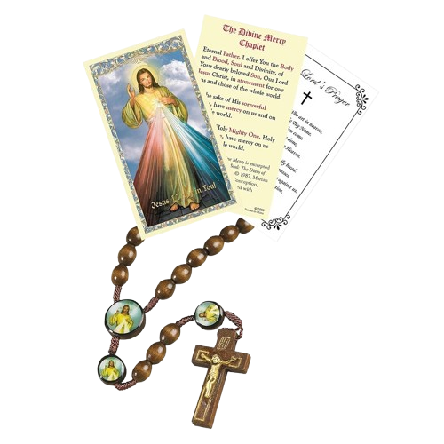 Divine Mercy Rosary with Divine Mercy Prayer Cards, The Lord's Prayer Card - Chaplet Of Divine Mercy Rosary and Catholic Holy Card Set - Wood Divine Mercy Rosary for Daily Prayer - Total 3 Items