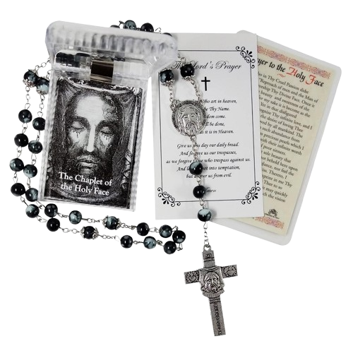 Holy Face Chaplet - with Holy Face Prayer Card - Holy Face Rosary with Crucifix Featuring Shroud Of Turin, Holy Face Of Jesus Veronica's Veil Devotion Prayer, Lord's Prayer Card - 3 Items Set