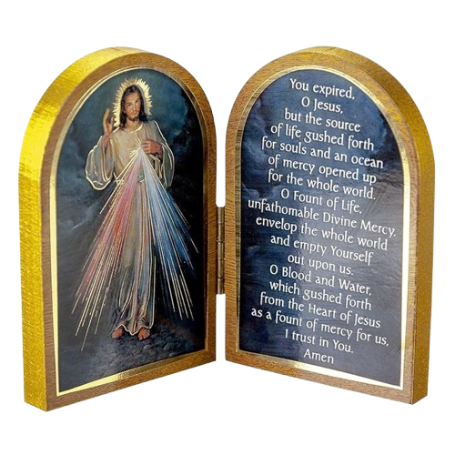 Divine Mercy Image - Laminated Divine Mercy Chaplet Prayer Card, The Lord's Prayer Card - Standing Gold Embossed Divine Mercy Picture Diptych